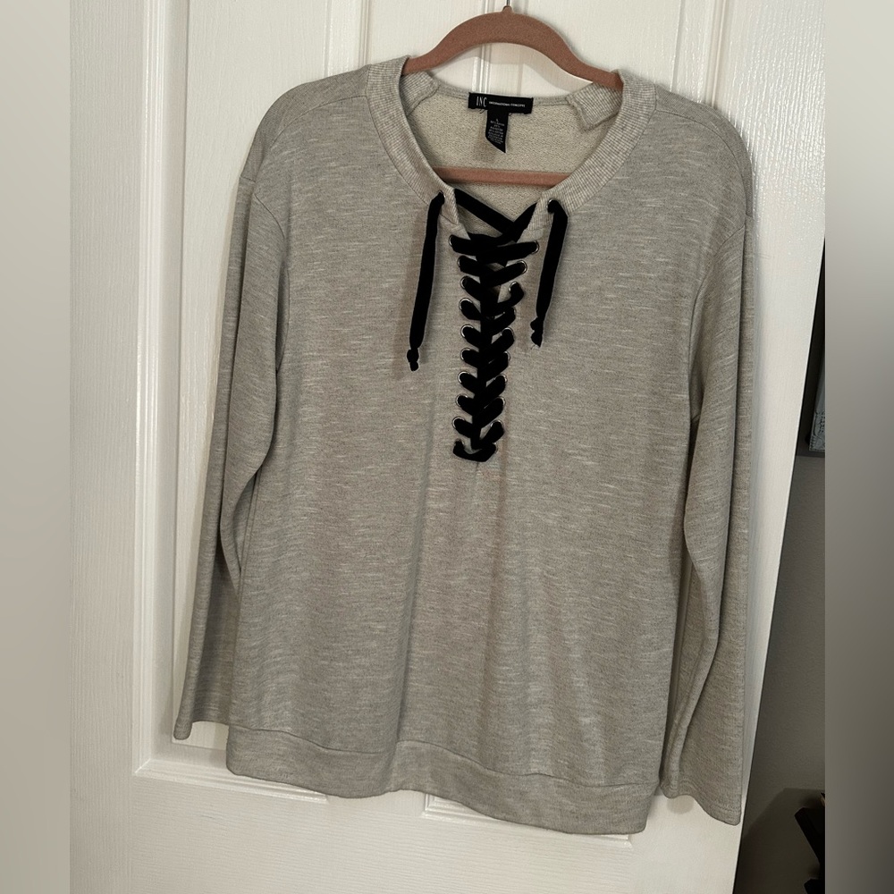 INC International Concepts Light Gray Lace-Up Sweater(sweatshirt) sz large